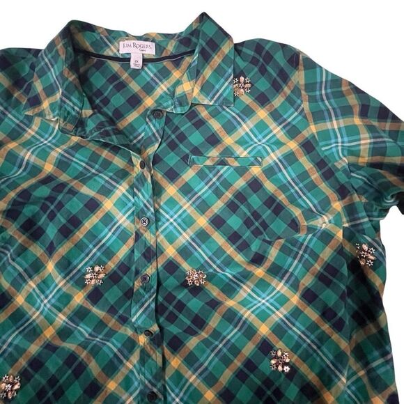 Kim Rogers Green Plaid Button Down Top with Rhinestone Embellishments Size 2X - Picture 10 of 12